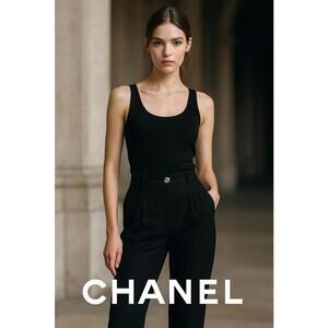 CHANEL Vintage Boutique High Waist Wool Trousers Black gold CC US 10 France